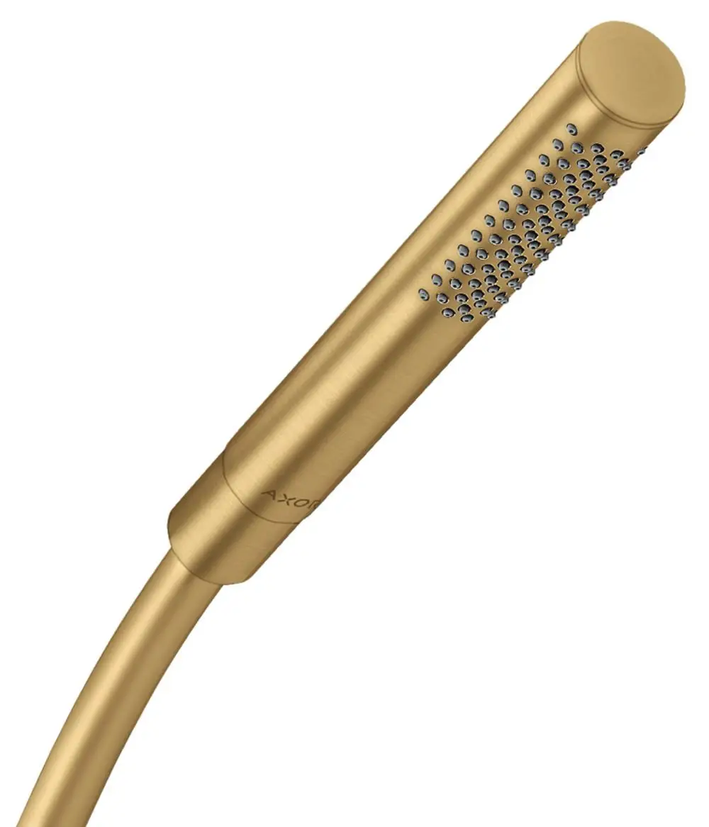 Handbrause in gebürstetem Gold von AXOR mit einem einzigen Sprühstrahl, ausgestattet mit einer flexiblen Schlauchverbindung.